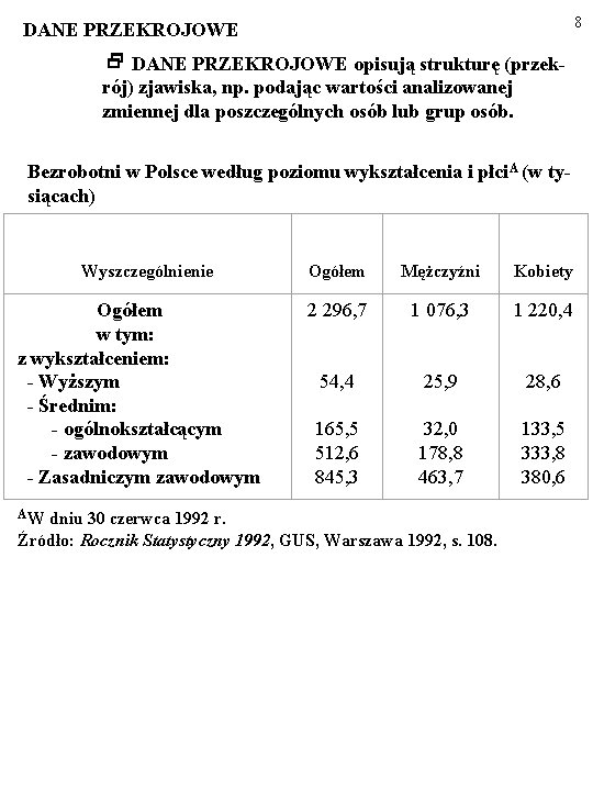 8 DANE PRZEKROJOWE opisują strukturę (przekrój) zjawiska, np. podając wartości analizowanej zmiennej dla poszczególnych 8 DANE PRZEKROJOWE opisują strukturę (przekrój) zjawiska, np. podając wartości analizowanej zmiennej dla poszczególnych