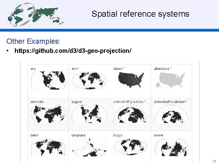  Spatial reference systems Other Examples: • https: //github. com/d 3 -geo-projection/ 14 