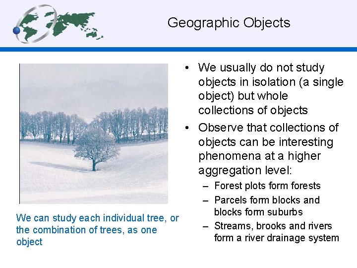  Geographic Objects • We usually do not study objects in isolation (a single