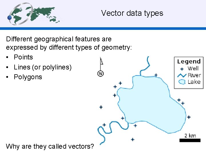  Vector data types Different geographical features are expressed by different types of geometry: