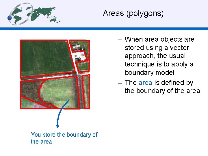  Areas (polygons) – When area objects are stored using a vector approach, the