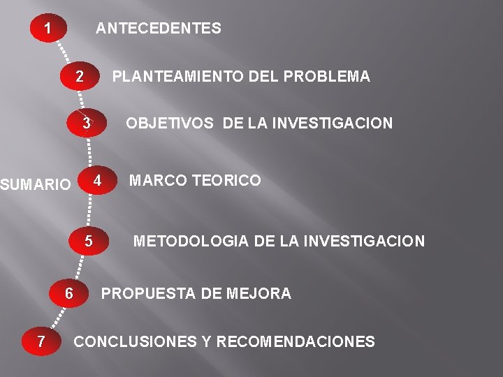 1 ANTECEDENTES 2 PLANTEAMIENTO DEL PROBLEMA 3 OBJETIVOS DE LA INVESTIGACION 4 SUMARIO 5