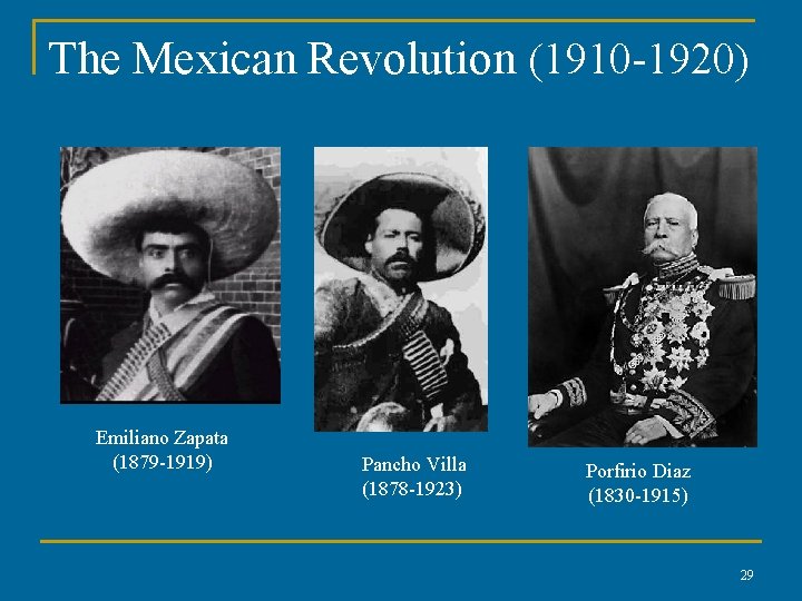 The Mexican Revolution (1910 -1920) Emiliano Zapata (1879 -1919) Pancho Villa (1878 -1923) Porfirio