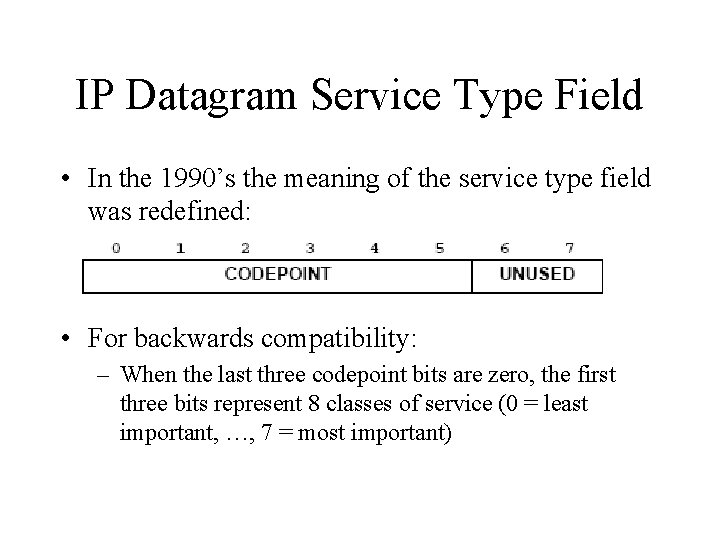 IP Datagram Service Type Field • In the 1990’s the meaning of the service