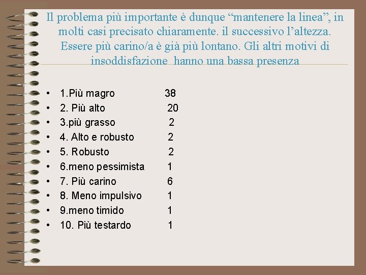 Il problema più importante è dunque “mantenere la linea”, in molti casi precisato chiaramente.