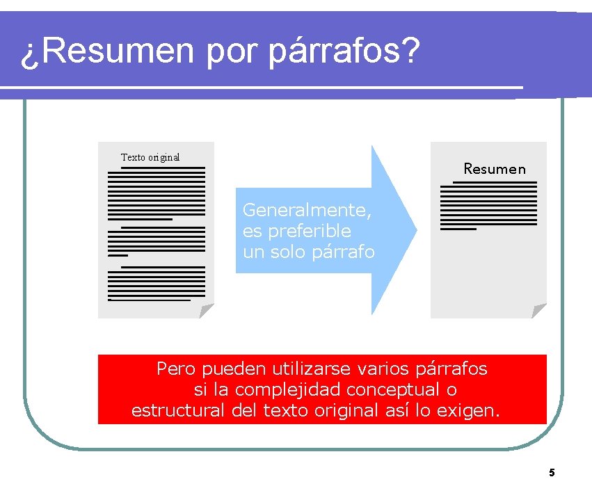 ¿Resumen por párrafos? Texto original Resumen Generalmente, es preferible un solo párrafo Pero pueden