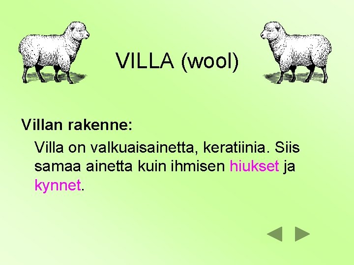 VILLA (wool) Villan rakenne: Villa on valkuaisainetta, keratiinia. Siis samaa ainetta kuin ihmisen hiukset