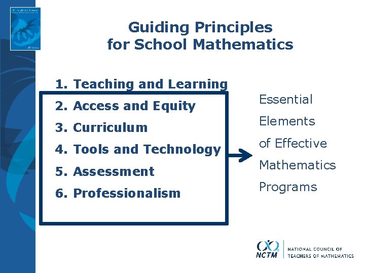 Guiding Principles for School Mathematics 1. Teaching and Learning 2. Access and Equity 3.