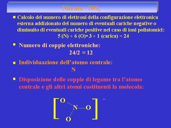 Nitrato - NO 3 Calcolo del numero di elettroni della configurazione elettronica esterna addizionato