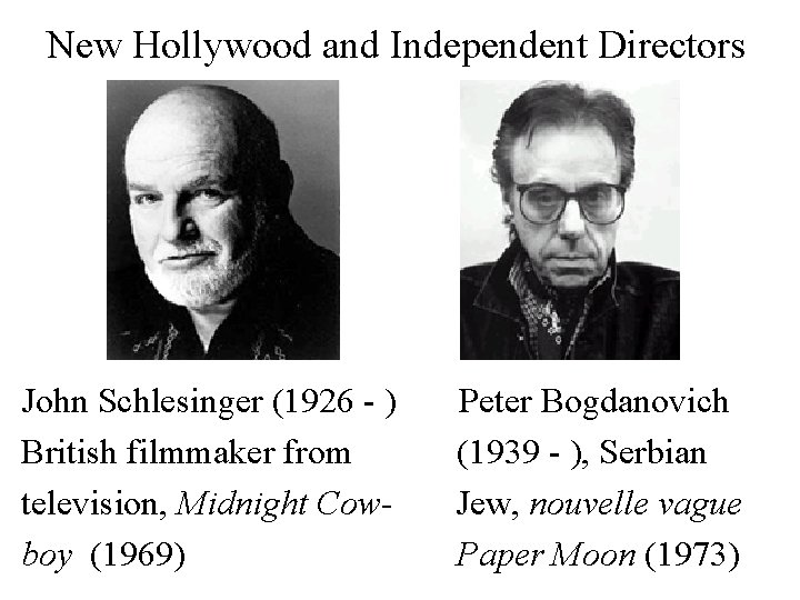 New Hollywood and Independent Directors John Schlesinger (1926 - ) British filmmaker from television,