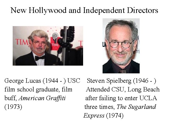 New Hollywood and Independent Directors George Lucas (1944 - ) USC Steven Spielberg (1946