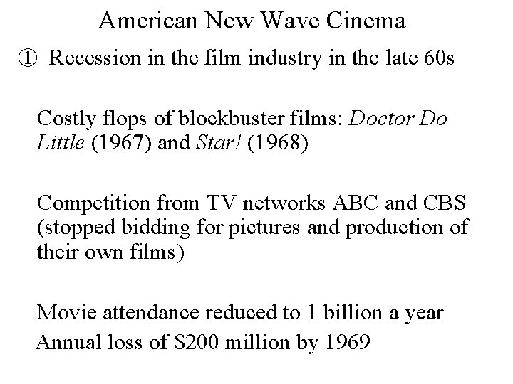 American New Wave Cinema ① Recession in the film industry in the late 60