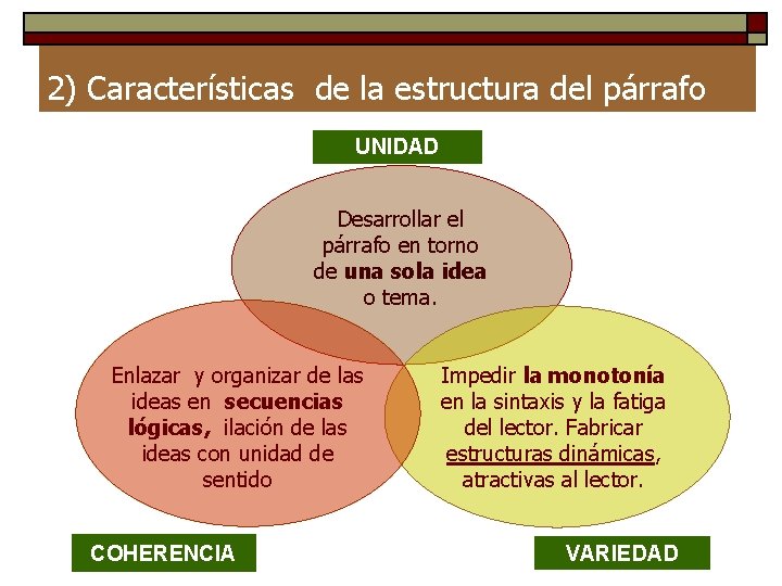 2) Características de la estructura del párrafo UNIDAD Desarrollar el párrafo en torno de