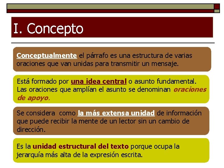 I. Concepto Conceptualmente el párrafo es una estructura de varias oraciones que van unidas