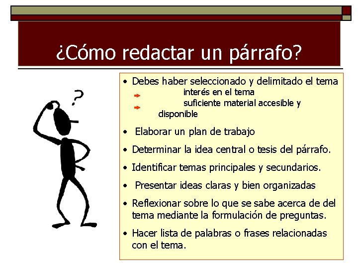 ¿Cómo redactar un párrafo? • Debes haber seleccionado y delimitado el tema interés en