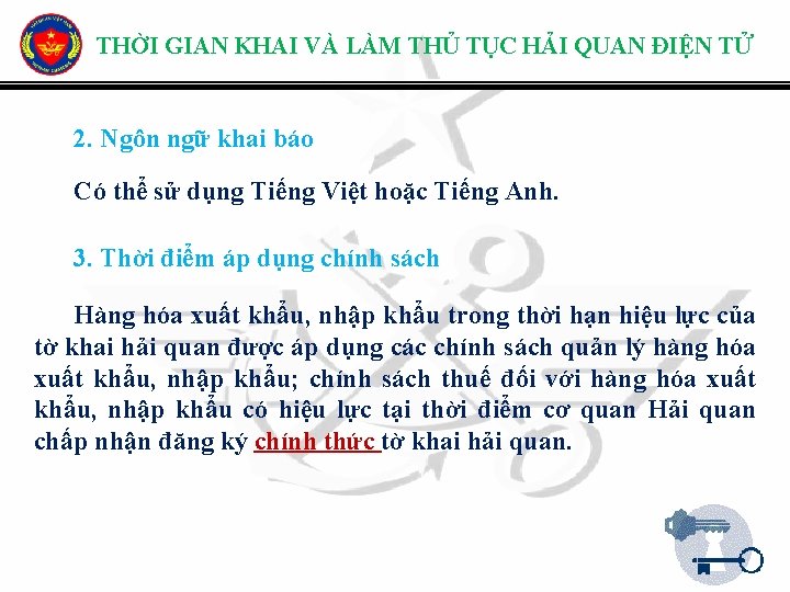 THỜI GIAN KHAI VÀ LÀM THỦ TỤC HẢI QUAN ĐIỆN TỬ 2. Ngôn ngữ