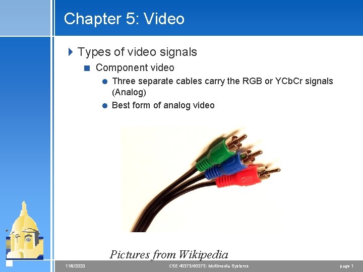 Chapter 5: Video 4 Types of video signals < Component video = Three separate