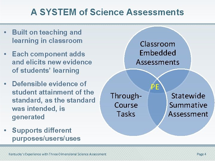 A SYSTEM of Science Assessments • Built on teaching and learning in classroom •