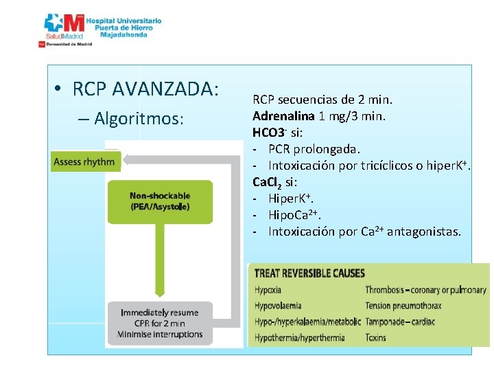  • RCP AVANZADA: – Algoritmos: RCP secuencias de 2 min. Adrenalina 1 mg/3