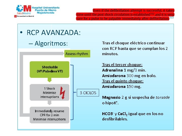  • RCP AVANZADA: – Algoritmos: Tras el choque eléctrico continuar con RCP hasta