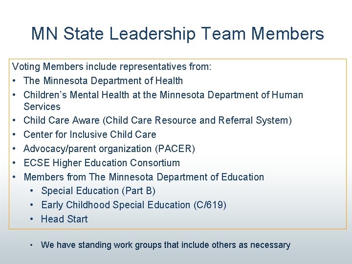 MN State Leadership Team Members Voting Members include representatives from: • The Minnesota Department