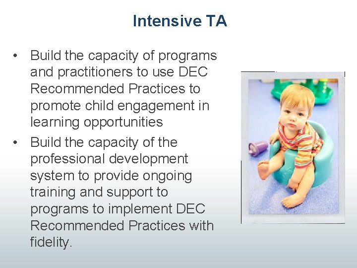 Intensive TA • Build the capacity of programs and practitioners to use DEC Recommended