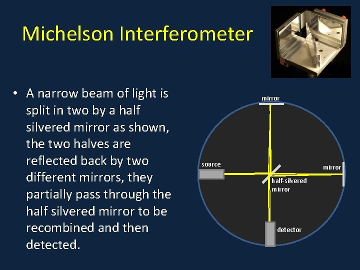 Michelson Interferometer • A narrow beam of light is split in two by a