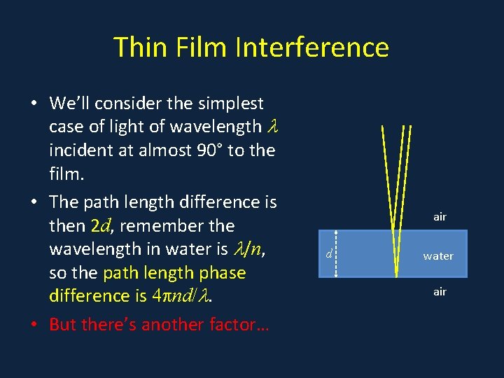 Thin Film Interference • We’ll consider the simplest case of light of wavelength incident