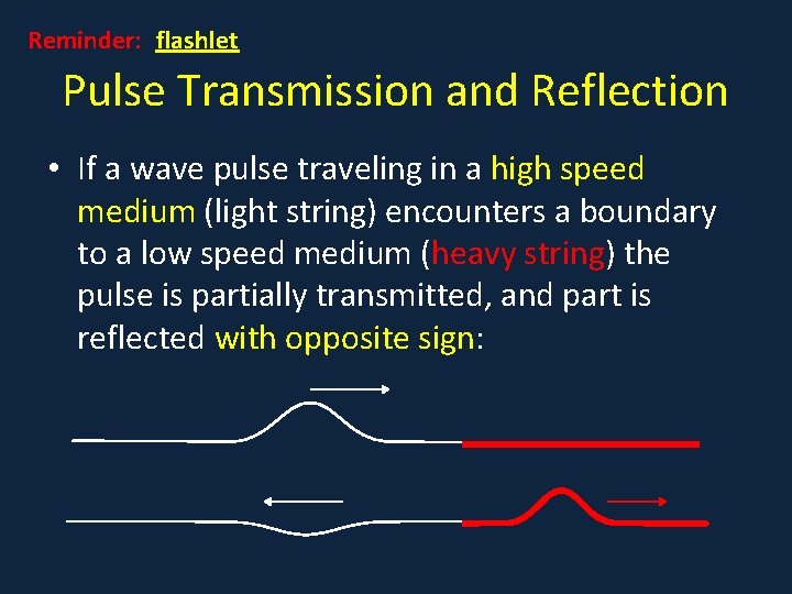 Reminder: flashlet Pulse Transmission and Reflection • If a wave pulse traveling in a