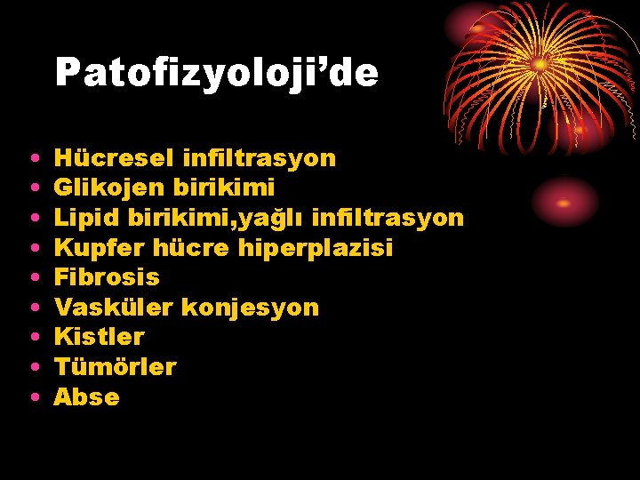 Patofizyoloji’de • • • Hücresel infiltrasyon Glikojen birikimi Lipid birikimi, yağlı infiltrasyon Kupfer hücre