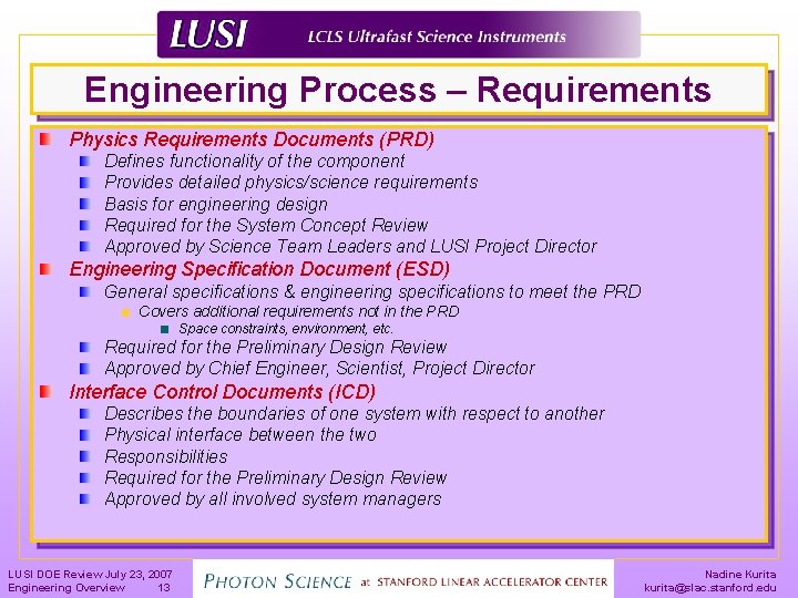 Engineering Process – Requirements Physics Requirements Documents (PRD) Defines functionality of the component Provides