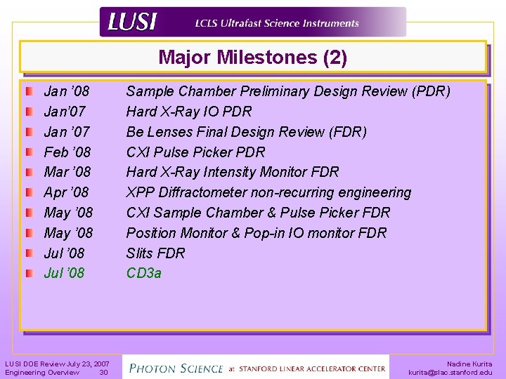 Major Milestones (2) Jan ’ 08 Jan’ 07 Jan ’ 07 Feb ’ 08