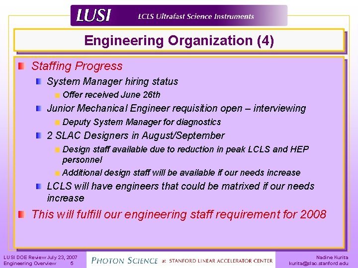 Engineering Organization (4) Staffing Progress System Manager hiring status Offer received June 26 th