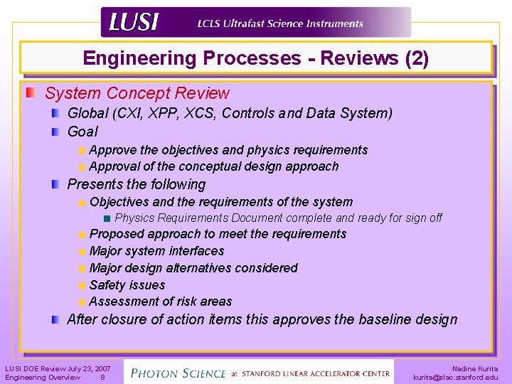 Engineering Processes - Reviews (2) System Concept Review Global (CXI, XPP, XCS, Controls and