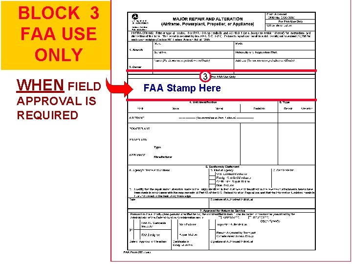 . BLOCK 3 FAA USE ONLY WHEN FIELD APPROVAL IS REQUIRED 3 FAA Stamp