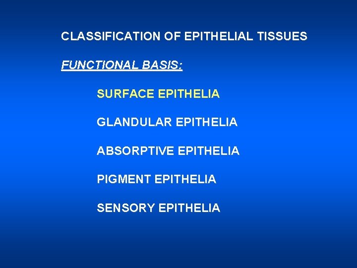 CLASSIFICATION OF EPITHELIAL TISSUES FUNCTIONAL BASIS: SURFACE EPITHELIA GLANDULAR EPITHELIA ABSORPTIVE EPITHELIA PIGMENT EPITHELIA