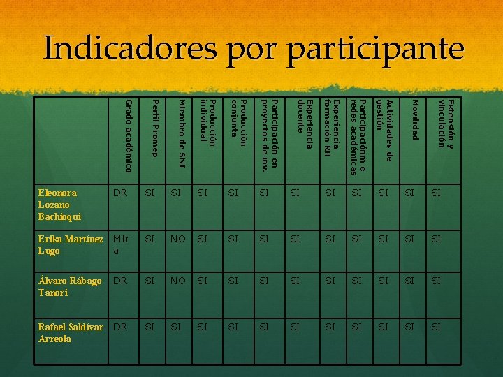 Indicadores por participante Actividades de gestión Extensión y vinculación Participaciónm e redes académicas DR