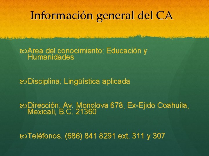 Información general del CA Area del conocimiento: Educación y Humanidades Disciplina: Lingüística aplicada Dirección: