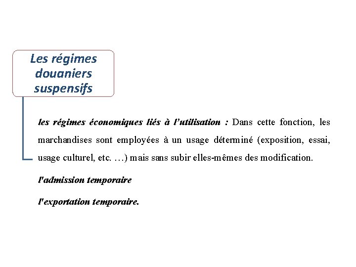 Les régimes douaniers suspensifs les régimes économiques liés à l’utilisation : Dans cette fonction, Les régimes douaniers suspensifs les régimes économiques liés à l’utilisation : Dans cette fonction,