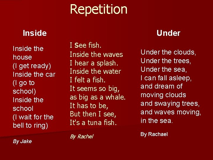 Repetition Inside the house (I get ready) Inside the car (I go to school)