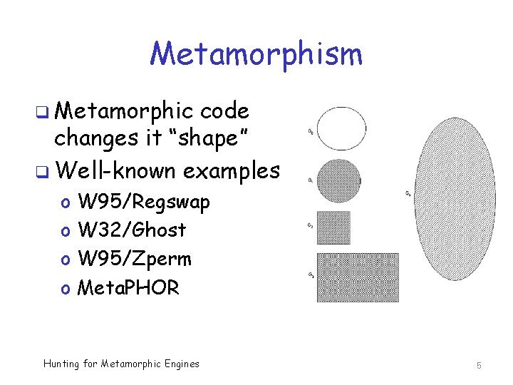 Metamorphism q Metamorphic code changes it “shape” q Well-known examples o o W 95/Regswap