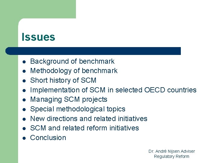 Issues l l l l l Background of benchmark Methodology of benchmark Short history