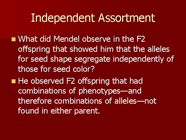 Independent Assortment n What did Mendel observe in the F 2 offspring that showed