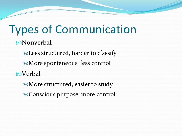 Types of Communication Nonverbal Less structured, harder to classify More spontaneous, less control Verbal