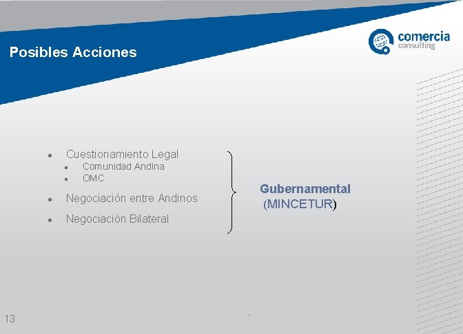 Posibles Acciones Cuestionamiento Legal 13 Comunidad Andina OMC Negociación entre Andinos Negociación Bilateral Gubernamental