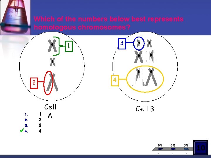 Which of the numbers below best represents homologous chromosomes? 3 1 4 2 1.
