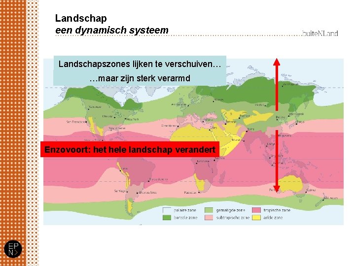 Landschap een dynamisch systeem Landschapszones lijken te verschuiven… …maar zijn sterk verarmd Enzovoort: het