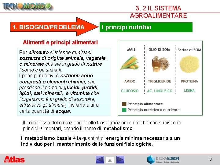 3. 2 IL SISTEMA AGROALIMENTARE 1. BISOGNO/PROBLEMA I princìpi nutritivi Alimenti e princìpi alimentari