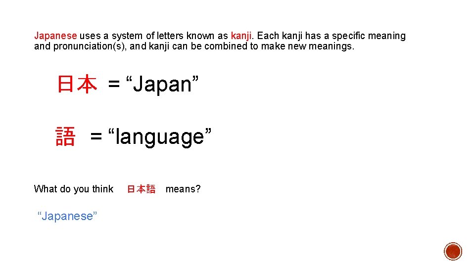 Japanese uses a system of letters known as kanji. Each kanji has a specific