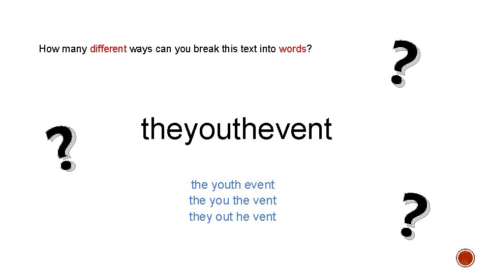 How many different ways can you break this text into words? ? ? theyouthevent